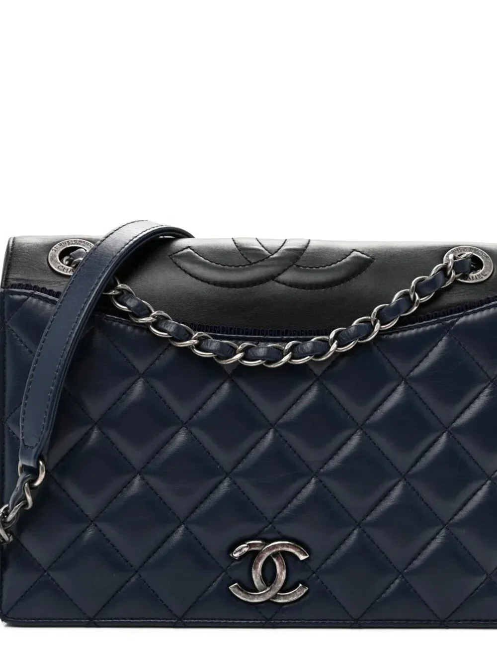 Chanel Blue Black Leathe Ballerine CC Flap Shoulder Bag Quilted Chain Leather